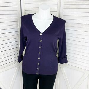Peck & Peck Collection V Neck Chain Detail Cardigan Sweater Purple XL Button